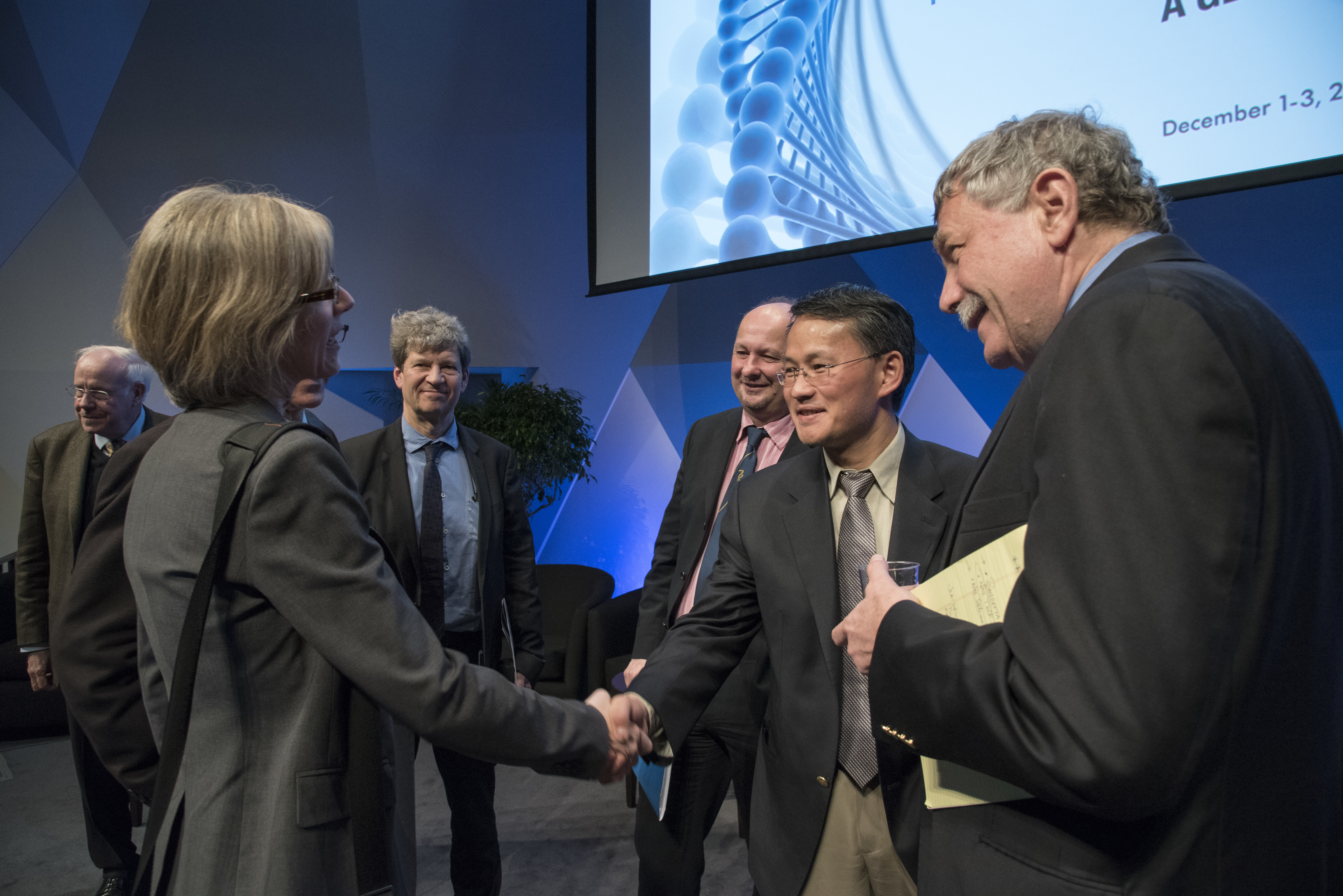 Jennifer A. Doudna (University of California, Berkeley), Robin Lovell-Badge (The Francis Crick Institute), Adrian Thrasher (University College London Institute of Child Health), Duanqing Pei (Guangzhou Institutes of Biomedicine and Health, Chinese Academy of Sciences), and Eric S. Lander (Broad Institute of Harvard and MIT), Members of the Organizing Committee for the First International Summit on Human Genome Editing.